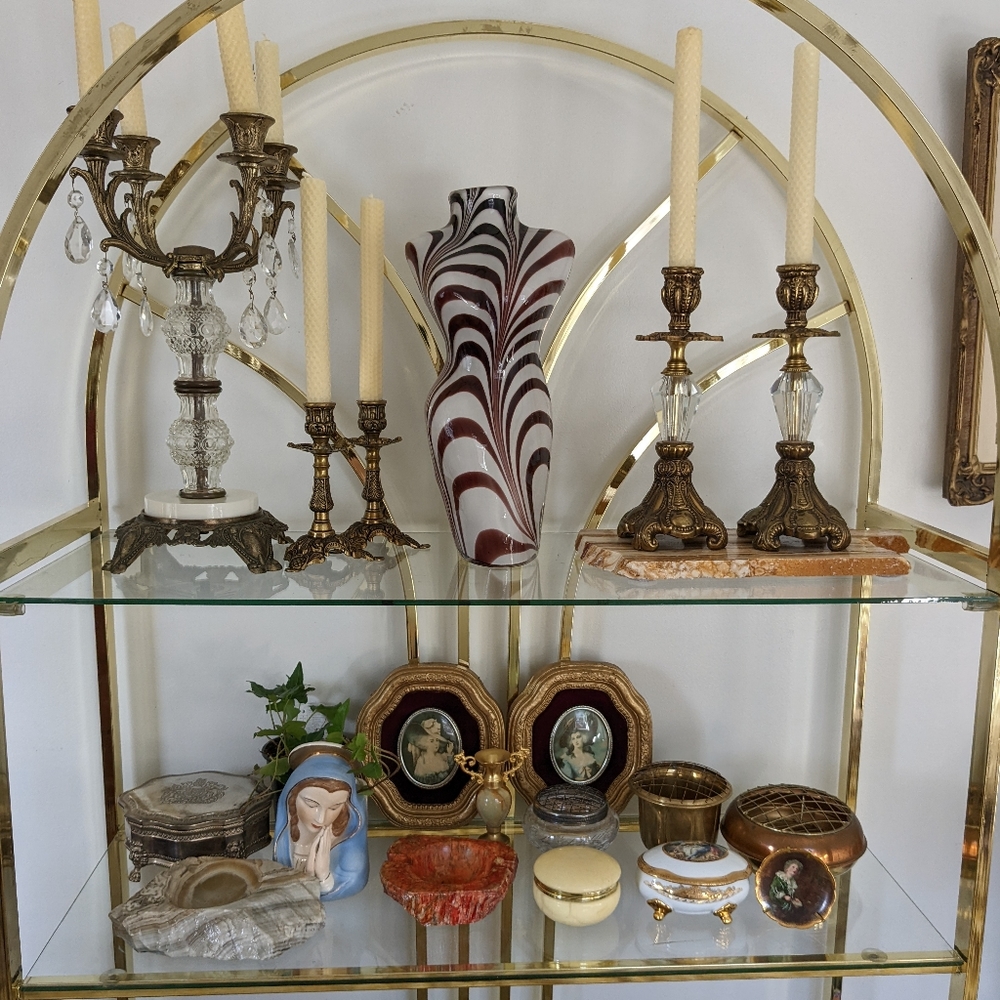 Vintage candle holders, ashtray, wall art and more